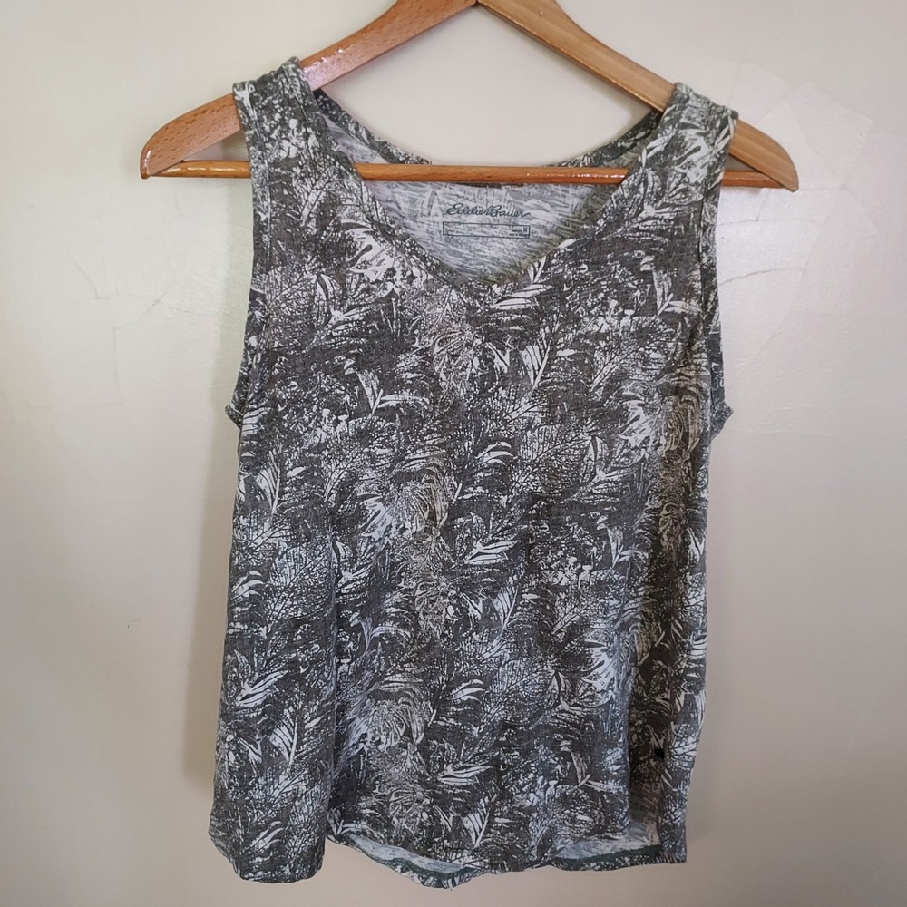 Eddie Bauer Womens Medium Green Cream Leaf Print Cotton Tank Top